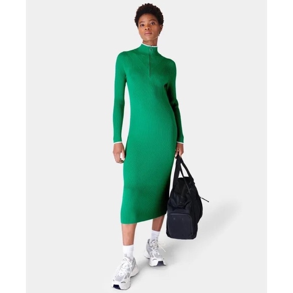 SWEATY BETTY Frame Knitted Midi Dress Vivid Green Sporty Ribbed Knit Size 12 - Picture 1 of 14
